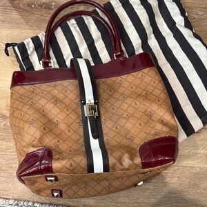 L.A.M.B. Tan and Burgundy Tote Bag
